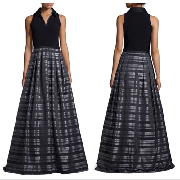 Theia Stripe Jacquard Full Ball Gown Sz 14 Black Silver Maxi Dress Event Gala - Picture 2 of 14